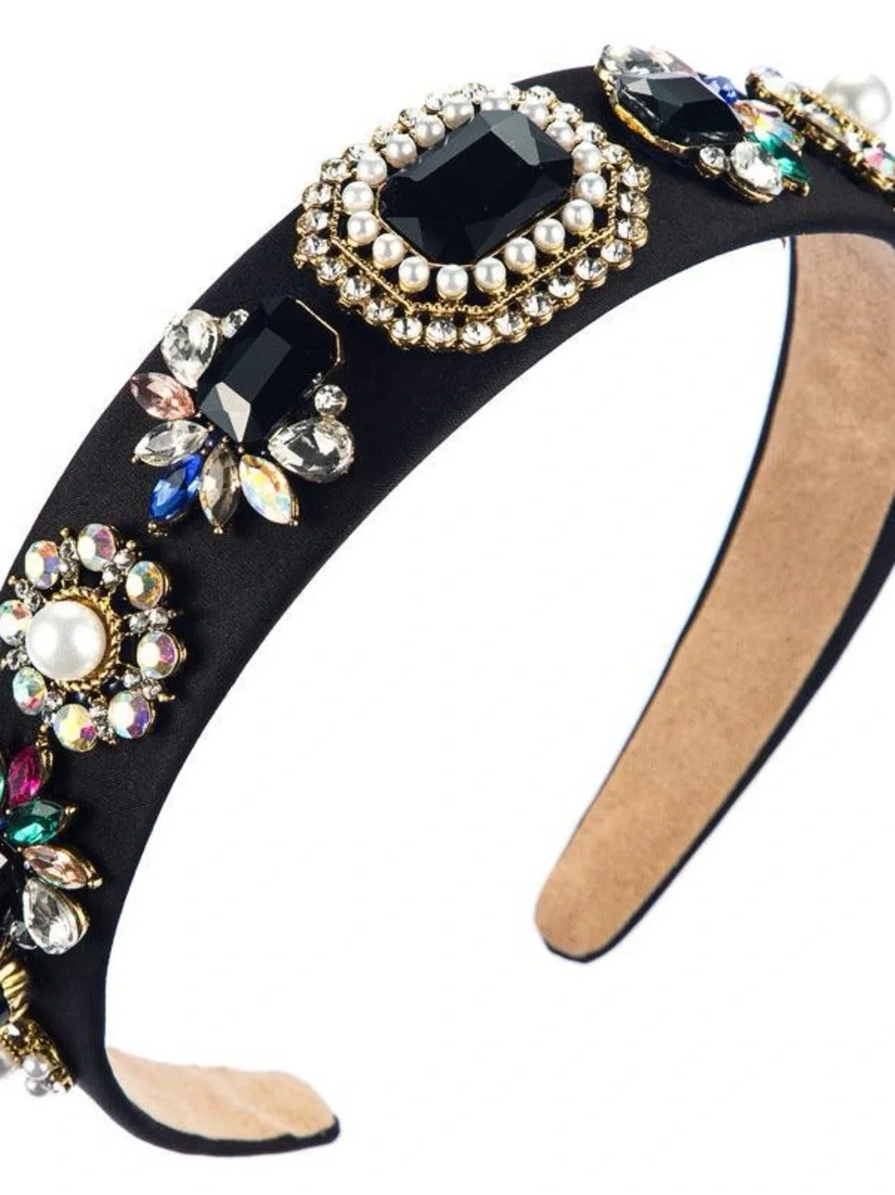 Black Velvet Jeweled Headband with Pearl and Gem Accents